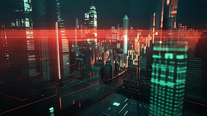 Wall Mural - flowing digital data streams illuminate a futuristic cityscape with vibrant red and teal hues, creat