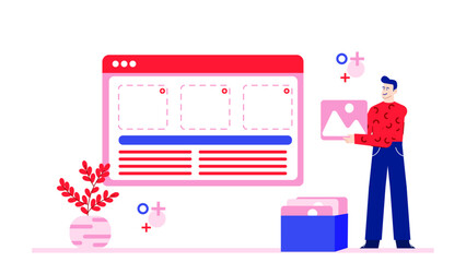 Man adding picture to website design. Suitable for web development, graphic design, digital marketing, blogging, ecommerce, webpage creation tutorials.