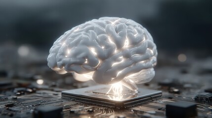 AI Brain Power: Glowing Brain on Computer Chip, Illustrating Intelligence and Technology