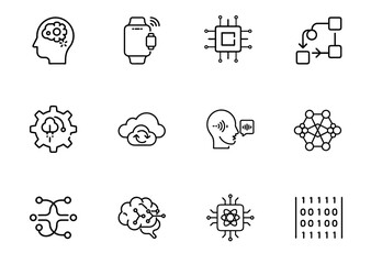 Collection of modern line icons showcasing artificial intelligence, neural networks, cloud computing, and high technology for future concepts.