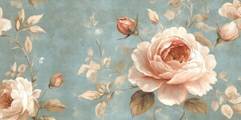 Sticker - detailed close-up of vintage floral wallpaper with delicate blooms and faded colors, perfect for rom