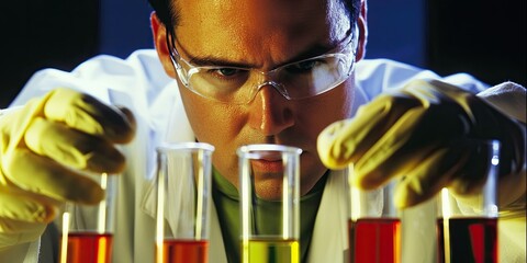 Wall Mural - precision shot of a researcher handling test tubes in a sterile lab, capturing the focus on medical 