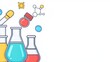 © phetsavun - Illustration of laboratory glassware with colored liquids and scientific icons on a white background, symbolizing chemistry and scientific research.