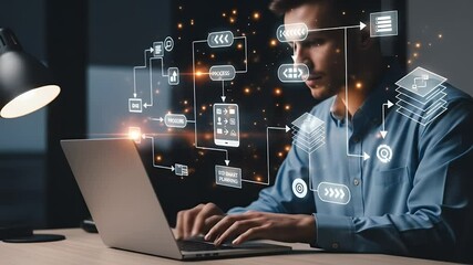 A man in a blue shirt works on a laptop with glowing diagram overlays