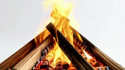 Wall Mural - Burning logs arranged in a triangular fire pit with flames on a clean white background, supported by stones and embers glowing.