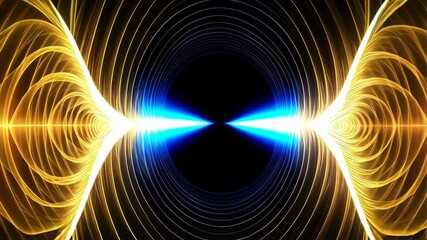 Wall Mural - Abstract concentric golden arcs and radiating blue energy, symmetrical design, glowing futuristic tunnel with dark center and ethereal effect