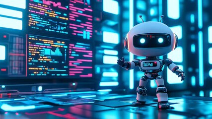 Futuristic robot in a digital server room