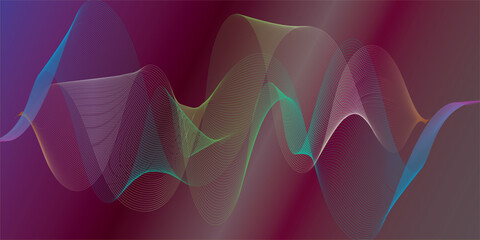 Elegant abstract wave pattern with colorful gradient lines over a dark purple background. Ideal for modern tech, sound, or digital art themes. Keywords: wave, gradient, abstract, digital, tech