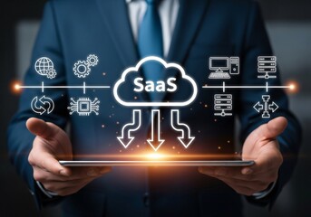 SaaS (software as a service) concept, Businessman show virtual screen of SaaS icons for software services on cloud system. Internet and networking technology.