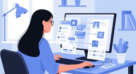 Woman working on a computer digital interface