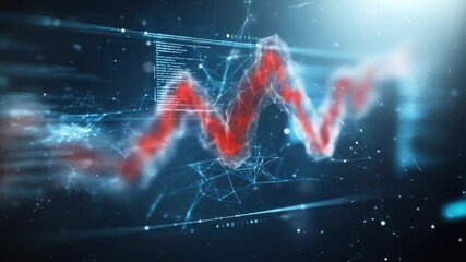 Abstract digital graphic with flowing red data visualization on a screen with code and network connections