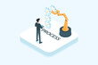 © Me_Studio - Process and workflow in business and industry. Businessman using robot to put gears into position. Isometric vector illustration.