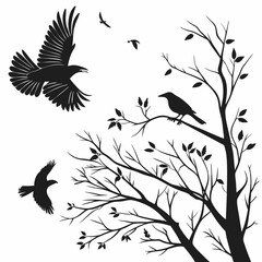 silhouette of birds in flight and perched on a tree with leaves against a white background design ar