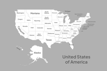  Detailed USA map with state name, blank vector illustration.