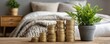 © Thamonchanok - Budget planning calm through investment and income balance concept. Budget planning calm through investment and income balance concept. A cozy bedroom scene with stacked coins and a decorative plant.