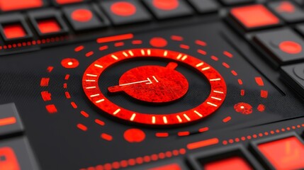 Futuristic Red and Black Interface Design with Circular Elements and Buttons for Technology
