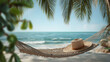 © malik - Serene Coastal Respite: A sun-drenched scene unveils a tranquil hammock swaying gently beneath the shade of palm fronds, a straw hat rests invitingly.