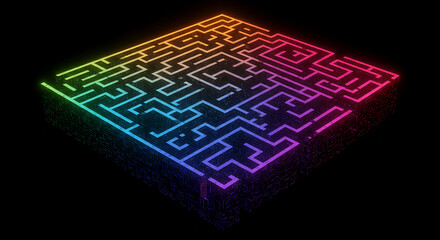 A glowing, colorful maze illuminated against a black background, showcasing complexity.