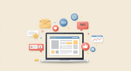 Modern SEO Optimization Illustration Featuring Laptop and Strategy Icons for Digital Marketing and Business Growth