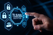 © FAQIR - Abstract concept of Transport Layer Security with SSL certificate, web code background, encryption and decryption layers symbolizing secure digital communication, network encryption, web codes, HTTPS