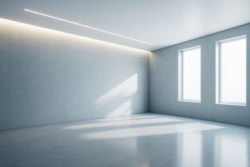 Wall Mural - modern empty room interior with large windows, concrete walls, and minimal ceiling light reflecting 