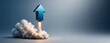 © Pixels Hunter - Blue upward arrow launching like a rocket with smoke on clean gradient background for business growth or success concept with copyspace on side.