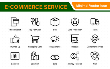 Wall Mural - E-Commerce set of web icons in line style. Online shopping icons for web and mobile app. Business, mobile shop, digital marketing, bank card, gifts, sale, delivery. Vector illustration