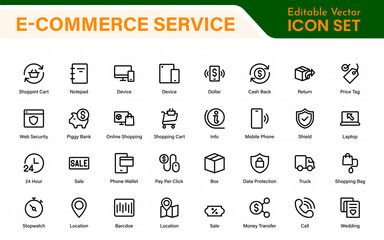 Wall Mural - E-Commerce set of web icons in line style. Online shopping icons for web and mobile app. Business, mobile shop, digital marketing, bank card, gifts, sale, delivery. Vector illustration