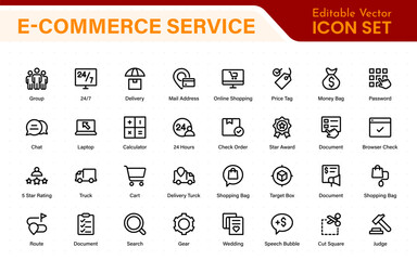 Wall Mural - E-Commerce set of web icons in line style. Online shopping icons for web and mobile app. Business, mobile shop, digital marketing, bank card, gifts, sale, delivery. Vector illustration