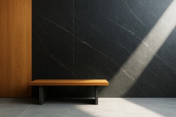 Wall Mural - minimalist wooden bench in modern interior with black marble wall and dramatic sunlight on floor and