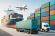 © Pixels Hunter - Cargo ship, airplane, and truck with colorful containers in logistics hub under clear sky illustrating modern transport industry concept.
