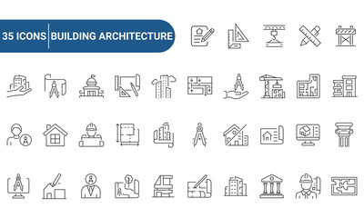 set of outline icons related to building, architecture, house, design. linear icon collection. edita