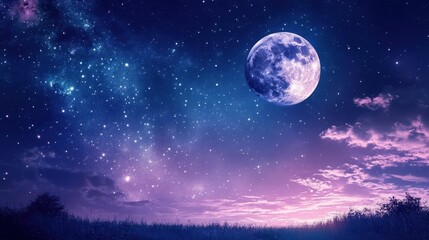 Wall Mural - stunning full moon illuminates a dreamy starry sky in shades of purple and blue