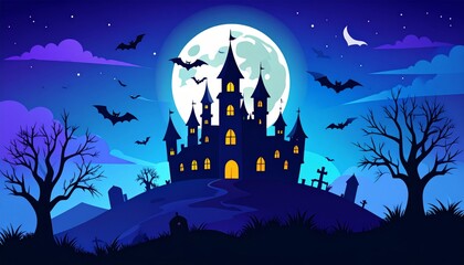 Wall Mural - spooky halloween night with a scary pumpkin, bats, and a witch's silhouette against an orange moonli