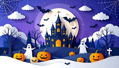 Wall Mural - spooky halloween night with a scary pumpkin, bats, and a witch's silhouette against an orange moonli