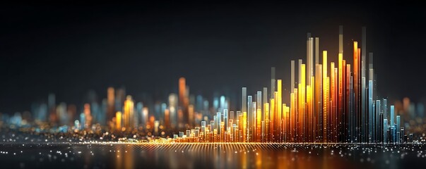 Abstract cityscape with glowing bars of varying heights on a dark background showing data growth