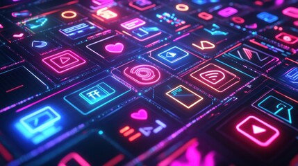 A vibrant, digital grid of glowing app icons