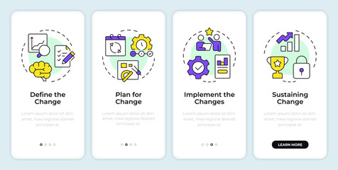 Wall Mural - stages of organizational change onboarding mobile app screen. walkthrough 4 steps editable graphic i