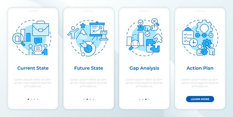 Wall Mural - stages of gap analysis blue onboarding mobile app screen. business data. walkthrough 4 steps editabl