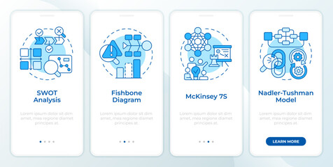 Wall Mural - tools of gap analysis blue onboarding mobile app screen. corporate. walkthrough 4 steps editable gra