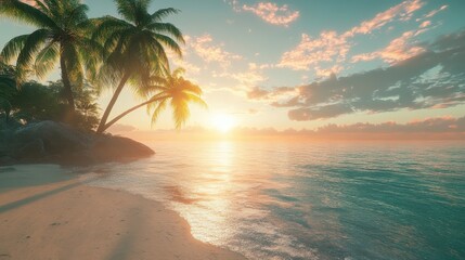 Wall Mural - Tropical beach with palm trees at sunset with beautiful light. Perfect for travel ads, summer promos and relaxation themes.