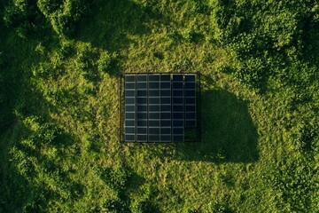Solar panel array nestled within a lush green forest