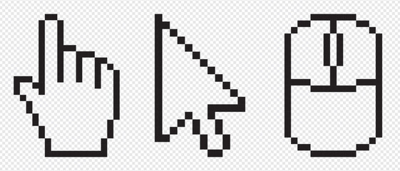 Wall Mural - pixel cursor pointer icons set. computer mouse click arrow and hand. pixel hand arrow logo vector is