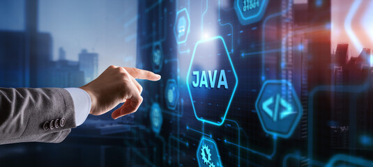Businessman clicks Java programming language application concept on virtual screen