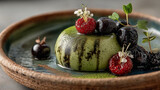 Panna cotta de matcha con frutos rojos y flores comestibles en plato rústico, fotografía gastronómica macro, Postre gourmet de té verde: domo cremoso de matcha con cerezas negras y frambuesas