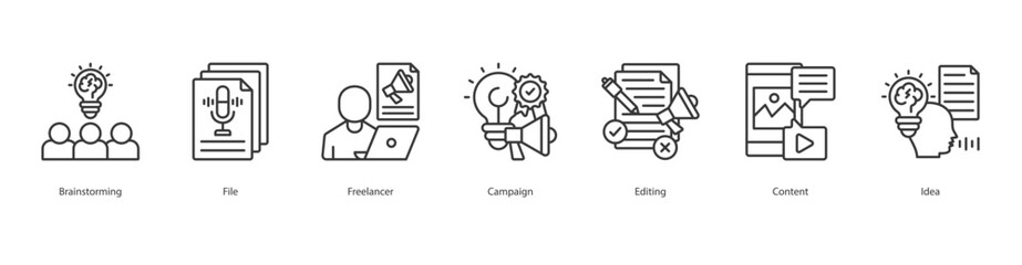 creative workflow banner web icon set vector illustration concept with icon of brainstorming, file, freelancer, campaign, editing, content, idea
