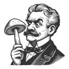 Wall Mural - mustached man intensely inspecting a large mushroom with a suspicious expression sketch engraving ge