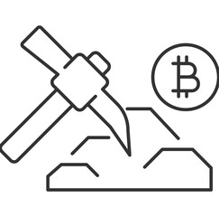 Wall Mural - crypto mining linear icon. pickaxe striking rocks and cryptocurrency symbol. digital currency. block