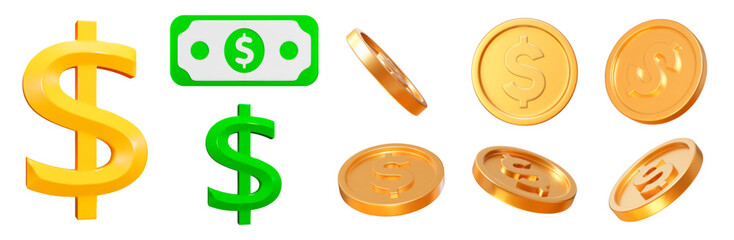 Wall Mural - 3d set dollar sign, icon, cash, coins. money, currency, cash. stock vector illustration on isolated 