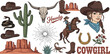 © Mouaad - Western vector graphic set featuring cowgirls, horses, cacti, skulls, hats, boots, and Howdy & Cowgirl typography. Perfect for stickers, t-shirt designs, and other uses.